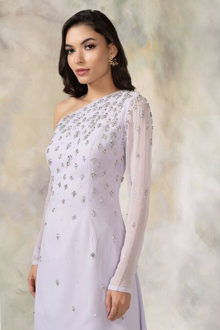 Shop_Pooja Peshoria_Purple Net Asymmetric Embellished One Shoulder Kurta Set _Online_at_Aza_Fashions