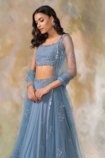 Buy Pooja Peshoria Blue Net, Georgette Square Neck Embellished Lehenga Set Online at Aza Fashions Buy_Pooja Peshoria_Blue Net, Georgette Square Neck Embellished Lehenga Set _Online_at_Aza_Fashions