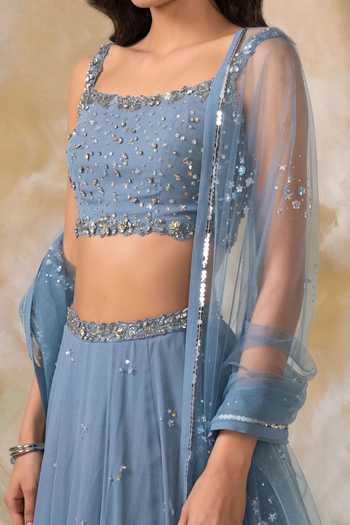Shop Pooja Peshoria Blue Net, Georgette Square Neck Embellished Lehenga Set Online at Aza Fashions Shop_Pooja Peshoria_Blue Net, Georgette Square Neck Embellished Lehenga Set _Online_at_Aza_Fashions