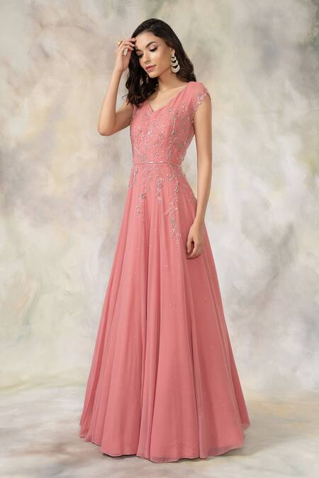 Pooja Peshoria_Pink Georgette V Neck Embellished Anarkali With Dupatta_Online_at_Aza_Fashions