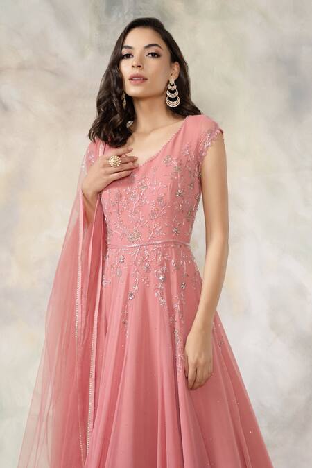 Buy_Pooja Peshoria_Pink Georgette V Neck Embellished Anarkali With Dupatta_Online_at_Aza_Fashions