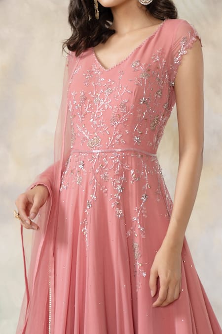 Shop_Pooja Peshoria_Pink Georgette V Neck Embellished Anarkali With Dupatta_Online_at_Aza_Fashions