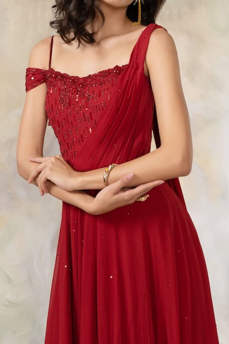 Shop Pooja Peshoria Red Georgette Sweetheart Neck Embellished Gown Online at Aza Fashions Shop_Pooja Peshoria_Red Georgette Sweetheart Neck Embellished Gown _Online_at_Aza_Fashions