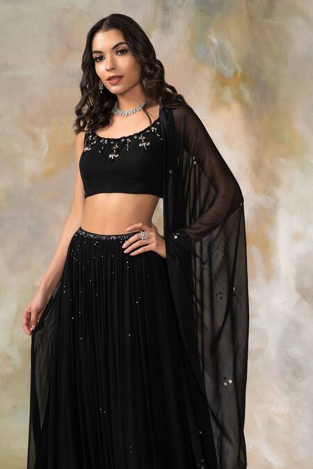 Buy_Pooja Peshoria_Black Net, Georgette Round Embellished Lehenga Set _Online_at_Aza_Fashions