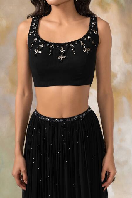 Shop_Pooja Peshoria_Black Net, Georgette Round Embellished Lehenga Set _Online_at_Aza_Fashions