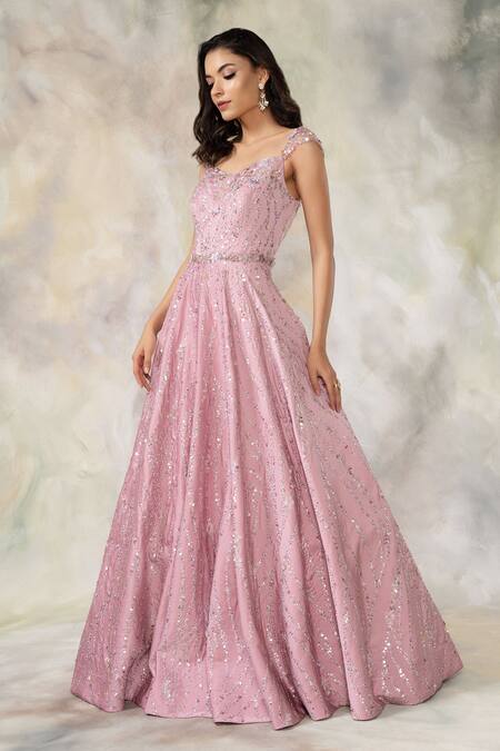 Pooja Peshoria Pink Satin Sweetheart Neck Embellished Gown Online at Aza Fashions Pooja Peshoria_Pink Satin Sweetheart Neck Embellished Gown _Online_at_Aza_Fashions