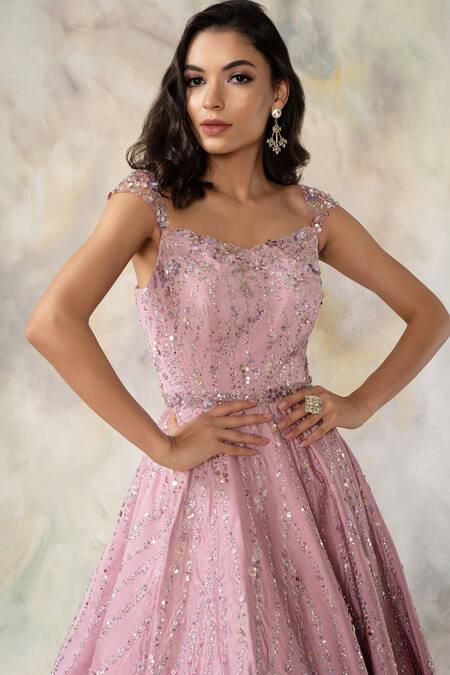 Buy Pooja Peshoria Pink Satin Sweetheart Neck Embellished Gown Online at Aza Fashions Buy_Pooja Peshoria_Pink Satin Sweetheart Neck Embellished Gown _Online_at_Aza_Fashions