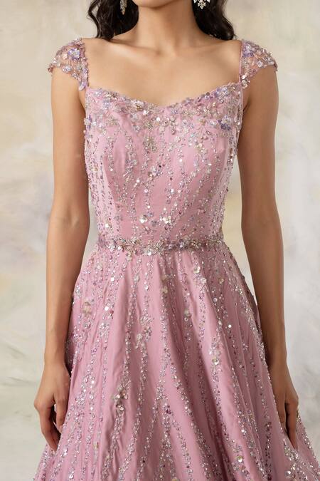 Shop Pooja Peshoria Pink Satin Sweetheart Neck Embellished Gown Online at Aza Fashions Shop_Pooja Peshoria_Pink Satin Sweetheart Neck Embellished Gown _Online_at_Aza_Fashions