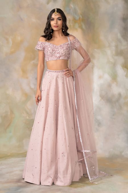 Pooja Peshoria Pink Crepe Sweetheart Neck Embellished Lehenga Set 