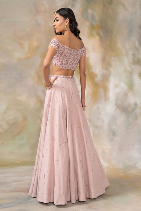 Shop Pooja Peshoria Pink Net, Crepe Sweetheart Neck Embellished Lehenga Set at Aza Fashions Shop_Pooja Peshoria_Pink Net, Crepe Sweetheart Neck Embellished Lehenga Set _at_Aza_Fashions