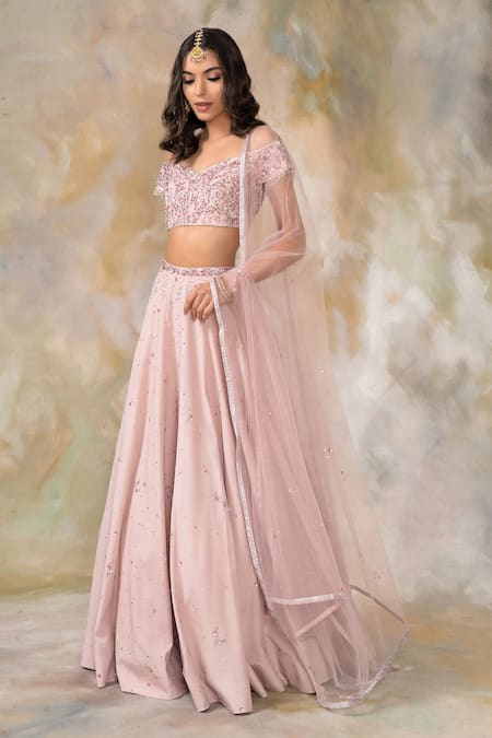 Pooja Peshoria Pink Net, Crepe Sweetheart Neck Embellished Lehenga Set Online at Aza Fashions Pooja Peshoria_Pink Net, Crepe Sweetheart Neck Embellished Lehenga Set _Online_at_Aza_Fashions