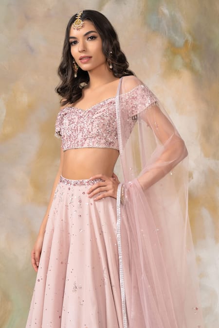 Buy Pooja Peshoria Pink Net, Crepe Sweetheart Neck Embellished Lehenga Set Online at Aza Fashions Buy_Pooja Peshoria_Pink Net, Crepe Sweetheart Neck Embellished Lehenga Set _Online_at_Aza_Fashions