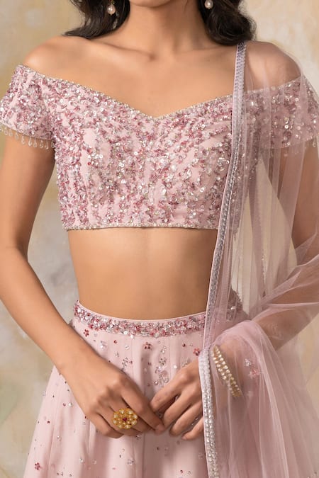Shop Pooja Peshoria Pink Net, Crepe Sweetheart Neck Embellished Lehenga Set Online at Aza Fashions Shop_Pooja Peshoria_Pink Net, Crepe Sweetheart Neck Embellished Lehenga Set _Online_at_Aza_Fashions