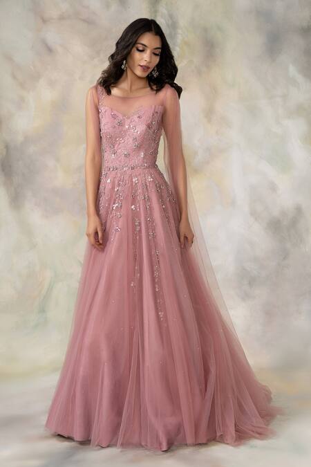 Pooja Peshoria_Pink Net Boat Embellished Gown _Online_at_Aza_Fashions