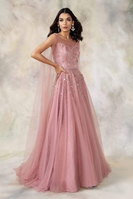 Blush Pink Ball Gown with Sleeves Pink Formal Dress Long