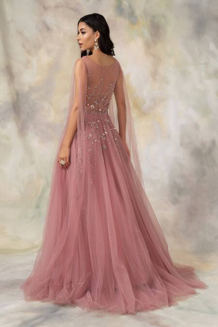 Buy_Pooja Peshoria_Pink Net Boat Embellished Gown _Online_at_Aza_Fashions