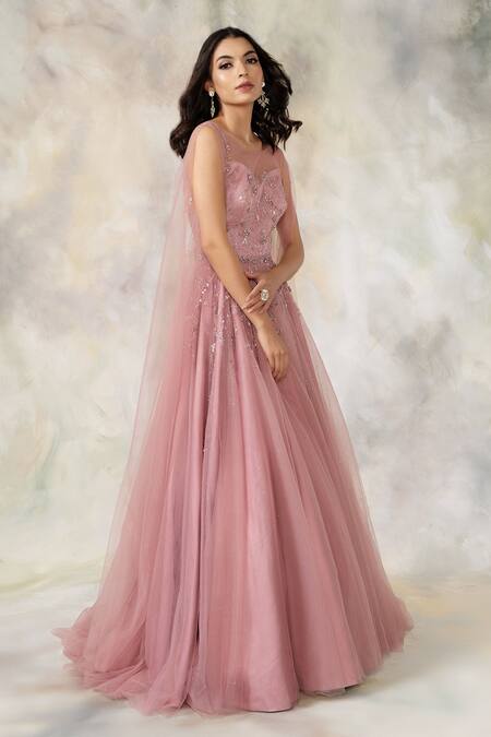 Shop_Pooja Peshoria_Pink Net Boat Embellished Gown _Online_at_Aza_Fashions