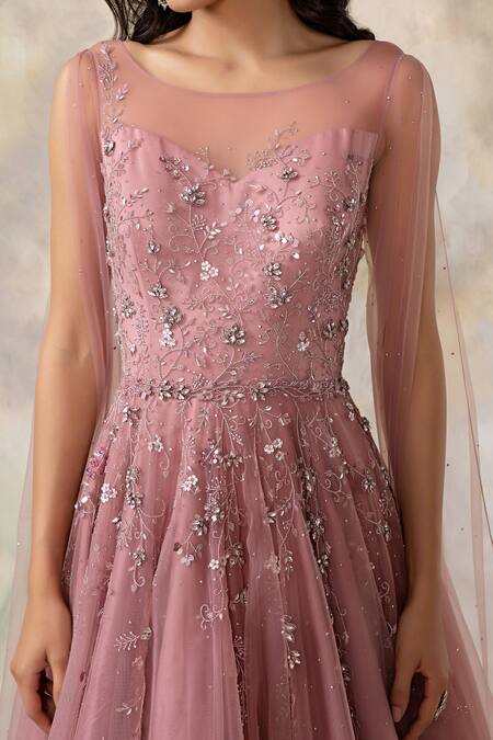 Pooja Peshoria_Pink Net Boat Embellished Gown _at_Aza_Fashions