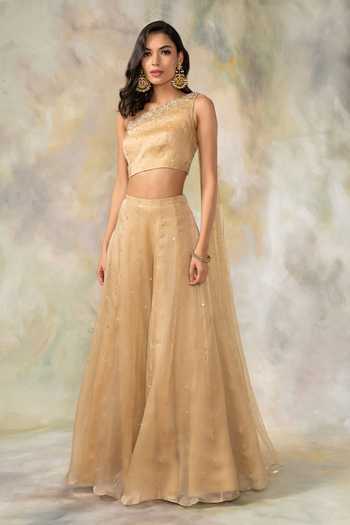 Pooja Peshoria Gold Net, Silk Organza Asymmetric One Shoulder Top And Palazzo Set Online at Aza Fashions Pooja Peshoria_Gold Net, Silk Organza Asymmetric One Shoulder Top And Palazzo Set _Online_at_Aza_Fashions