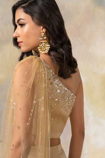 Shop Pooja Peshoria Gold Net, Silk Organza Asymmetric One Shoulder Top And Palazzo Set Online at Aza Fashions Shop_Pooja Peshoria_Gold Net, Silk Organza Asymmetric One Shoulder Top And Palazzo Set _Online_at_Aza_Fashions