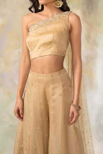 Pooja Peshoria Gold Net, Silk Organza Asymmetric One Shoulder Top And Palazzo Set at Aza Fashions Pooja Peshoria_Gold Net, Silk Organza Asymmetric One Shoulder Top And Palazzo Set _at_Aza_Fashions