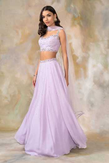 Pooja Peshoria_Purple Net, Georgette Sweetheart Neck Embellished Lehenga Set _Online_at_Aza_Fashions