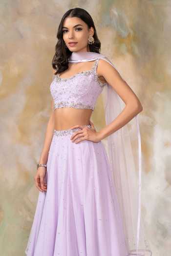 Buy_Pooja Peshoria_Purple Net, Georgette Sweetheart Neck Embellished Lehenga Set _Online_at_Aza_Fashions