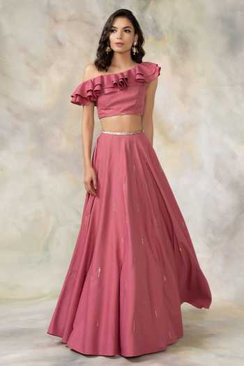 Pooja Peshoria Pink Heavy Georgette Asymmetric Embellished One Shoulder Top And Lehenga Set Online at Aza Fashions Pooja Peshoria_Pink Heavy Georgette Asymmetric Embellished One Shoulder Top And Lehenga Set _Online_at_Aza_Fashions
