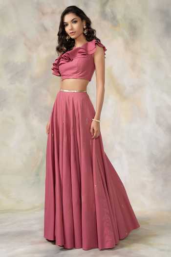Buy Pooja Peshoria Pink Heavy Georgette Asymmetric Embellished One Shoulder Top And Lehenga Set Online at Aza Fashions Buy_Pooja Peshoria_Pink Heavy Georgette Asymmetric Embellished One Shoulder Top And Lehenga Set _Online_at_Aza_Fashions