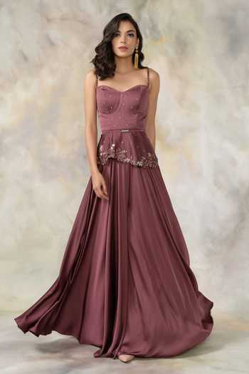 Pooja Peshoria_Purple Net, Satin Sweetheart Neck Embellished Peplum Top And Palazzo Set _Online_at_Aza_Fashions