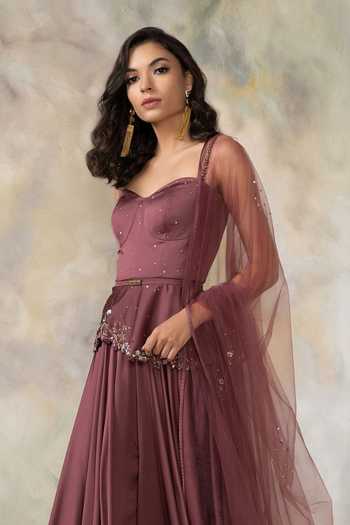 Shop_Pooja Peshoria_Purple Net, Satin Sweetheart Neck Embellished Peplum Top And Palazzo Set _Online_at_Aza_Fashions