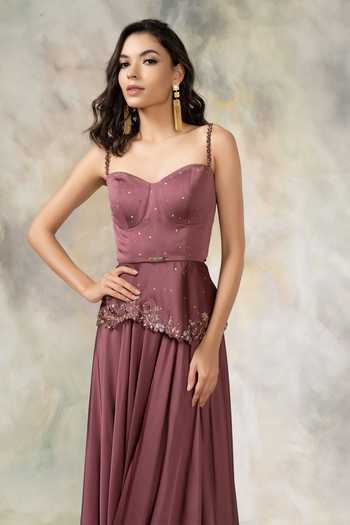 Pooja Peshoria_Purple Net, Satin Sweetheart Neck Embellished Peplum Top And Palazzo Set _at_Aza_Fashions