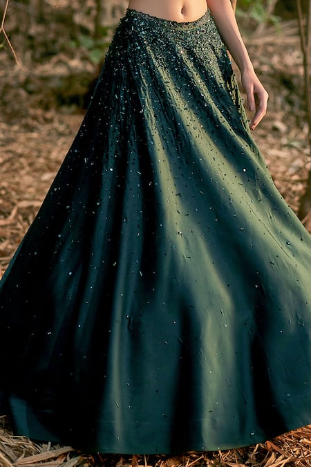 Shop_Pooja Peshoria_Green Satin Asymmetric One Shoulder Lehenga Set _Online_at_Aza_Fashions