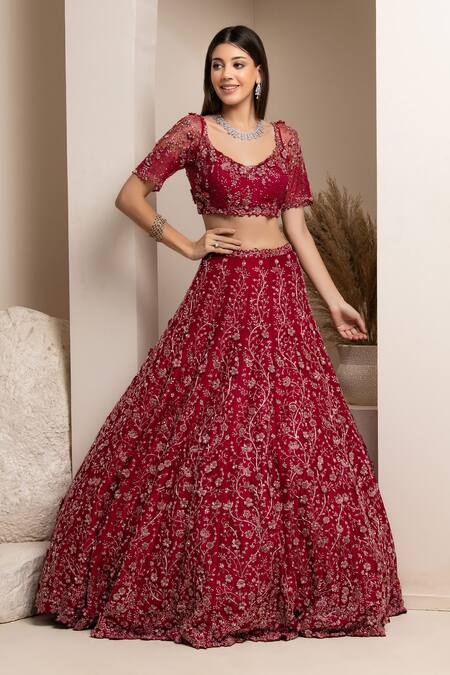 Pooja Peshoria Red Cutdana, Sequins, Swarovski, Crystals, Floral Embroidered Bridal Lehenga Set Online at Aza Fashions Pooja Peshoria_Red Cutdana, Sequins, Swarovski, Crystals, Floral Embroidered Bridal Lehenga Set _Online_at_Aza_Fashions