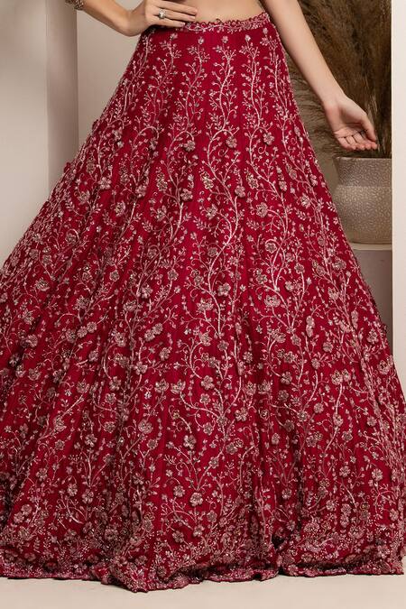 Shop Pooja Peshoria Red Cutdana, Sequins, Swarovski, Crystals, Floral Embroidered Bridal Lehenga Set Online at Aza Fashions Shop_Pooja Peshoria_Red Cutdana, Sequins, Swarovski, Crystals, Floral Embroidered Bridal Lehenga Set _Online_at_Aza_Fashions