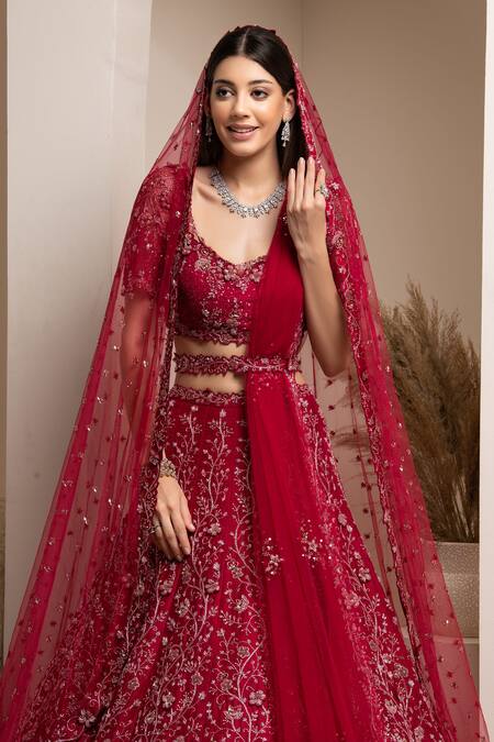 Pooja Peshoria Red Cutdana, Sequins, Swarovski, Crystals, Floral Embroidered Bridal Lehenga Set at Aza Fashions Pooja Peshoria_Red Cutdana, Sequins, Swarovski, Crystals, Floral Embroidered Bridal Lehenga Set _at_Aza_Fashions