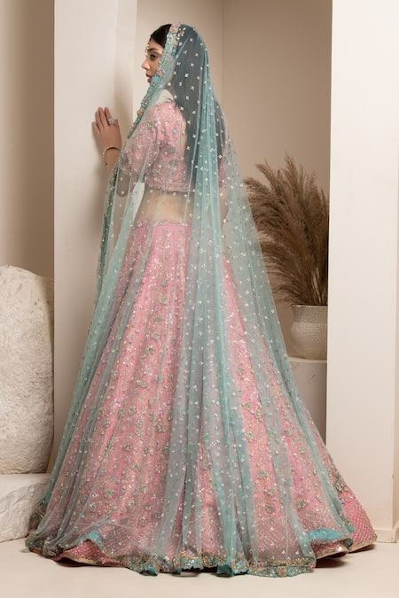 Shop Pooja Peshoria Pink Embroidery Cutdana Leaf Neck Floral Bridal Lehenga Set at Aza Fashions Shop_Pooja Peshoria_Pink Embroidery Cutdana Leaf Neck Floral Bridal Lehenga Set _at_Aza_Fashions
