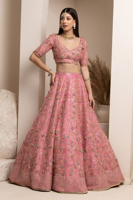 Pooja Peshoria Pink Embroidery Cutdana Leaf Neck Floral Bridal Lehenga Set Online at Aza Fashions Pooja Peshoria_Pink Embroidery Cutdana Leaf Neck Floral Bridal Lehenga Set _Online_at_Aza_Fashions