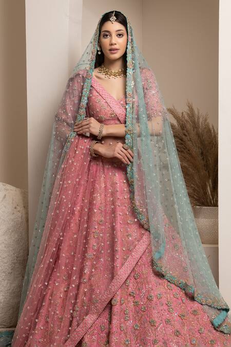 Buy Pooja Peshoria Pink Embroidery Cutdana Leaf Neck Floral Bridal Lehenga Set Online at Aza Fashions Buy_Pooja Peshoria_Pink Embroidery Cutdana Leaf Neck Floral Bridal Lehenga Set _Online_at_Aza_Fashions