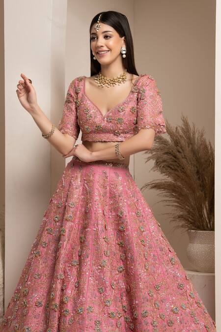 Pooja Peshoria Pink Embroidery Cutdana Leaf Neck Floral Bridal Lehenga Set at Aza Fashions Pooja Peshoria_Pink Embroidery Cutdana Leaf Neck Floral Bridal Lehenga Set _at_Aza_Fashions