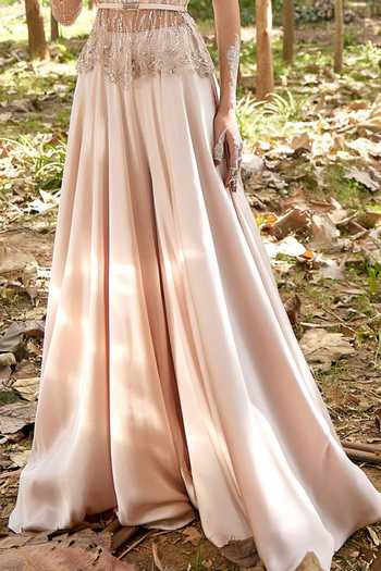 Shop_Pooja Peshoria_Peach Net, Satin Asymmetric Embroidered Top And Flared Pant Set _Online_at_Aza_Fashions