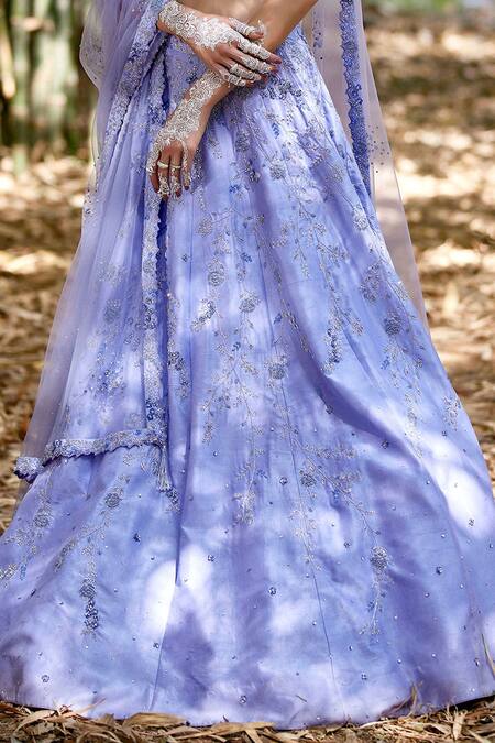 Pooja Peshoria Blue Net, Silk Tafetta Leaf Neck Embroidered Lehenga Set at Aza Fashions Pooja Peshoria_Blue Net, Silk Tafetta Leaf Neck Embroidered Lehenga Set _at_Aza_Fashions