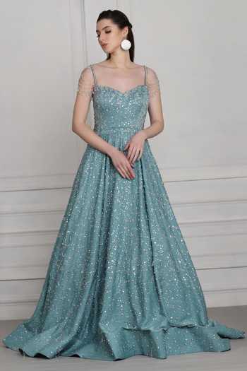 Pooja Peshoria_Green Satin Sequins, Crystals Sweetheart Neck Embroidered Gown With Trail _Online_at_Aza_Fashions