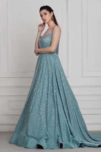 Buy_Pooja Peshoria_Green Satin Sequins, Crystals Sweetheart Neck Embroidered Gown With Trail _Online_at_Aza_Fashions