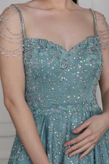 Shop_Pooja Peshoria_Green Satin Sequins, Crystals Sweetheart Neck Embroidered Gown With Trail _Online_at_Aza_Fashions