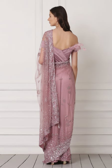 Shop Pooja Peshoria Purple Net, Satin Sequins One Shoulder Embellished Saree With Blouse at Aza Fashions Shop_Pooja Peshoria_Purple Net, Satin Sequins One Shoulder Embellished Saree With Blouse _at_Aza_Fashions