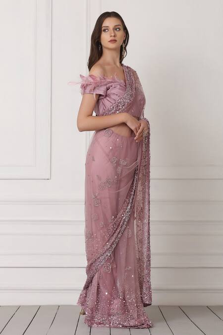 Pooja Peshoria Purple Net, Satin Sequins One Shoulder Embellished Saree With Blouse Online at Aza Fashions Pooja Peshoria_Purple Net, Satin Sequins One Shoulder Embellished Saree With Blouse _Online_at_Aza_Fashions
