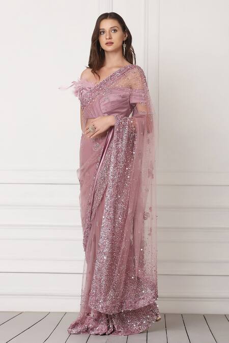 Buy Pooja Peshoria Purple Net, Satin Sequins One Shoulder Embellished Saree With Blouse Online at Aza Fashions Buy_Pooja Peshoria_Purple Net, Satin Sequins One Shoulder Embellished Saree With Blouse _Online_at_Aza_Fashions