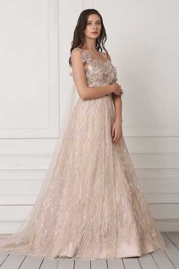 Pooja Peshoria_Pink Net Sequins Scoop Neck Embellished Trail Gown _Online_at_Aza_Fashions