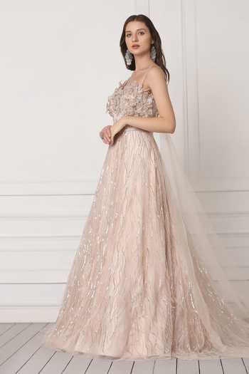 Buy_Pooja Peshoria_Pink Net Sequins Scoop Neck Embellished Trail Gown _Online_at_Aza_Fashions